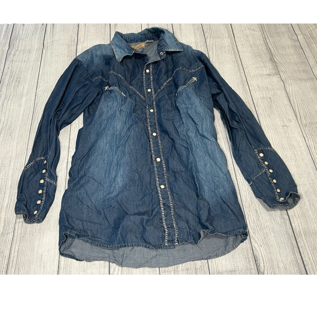 Scully Embellished Western Denim Button-Down Blue Long Sleeve Shirt Size Large